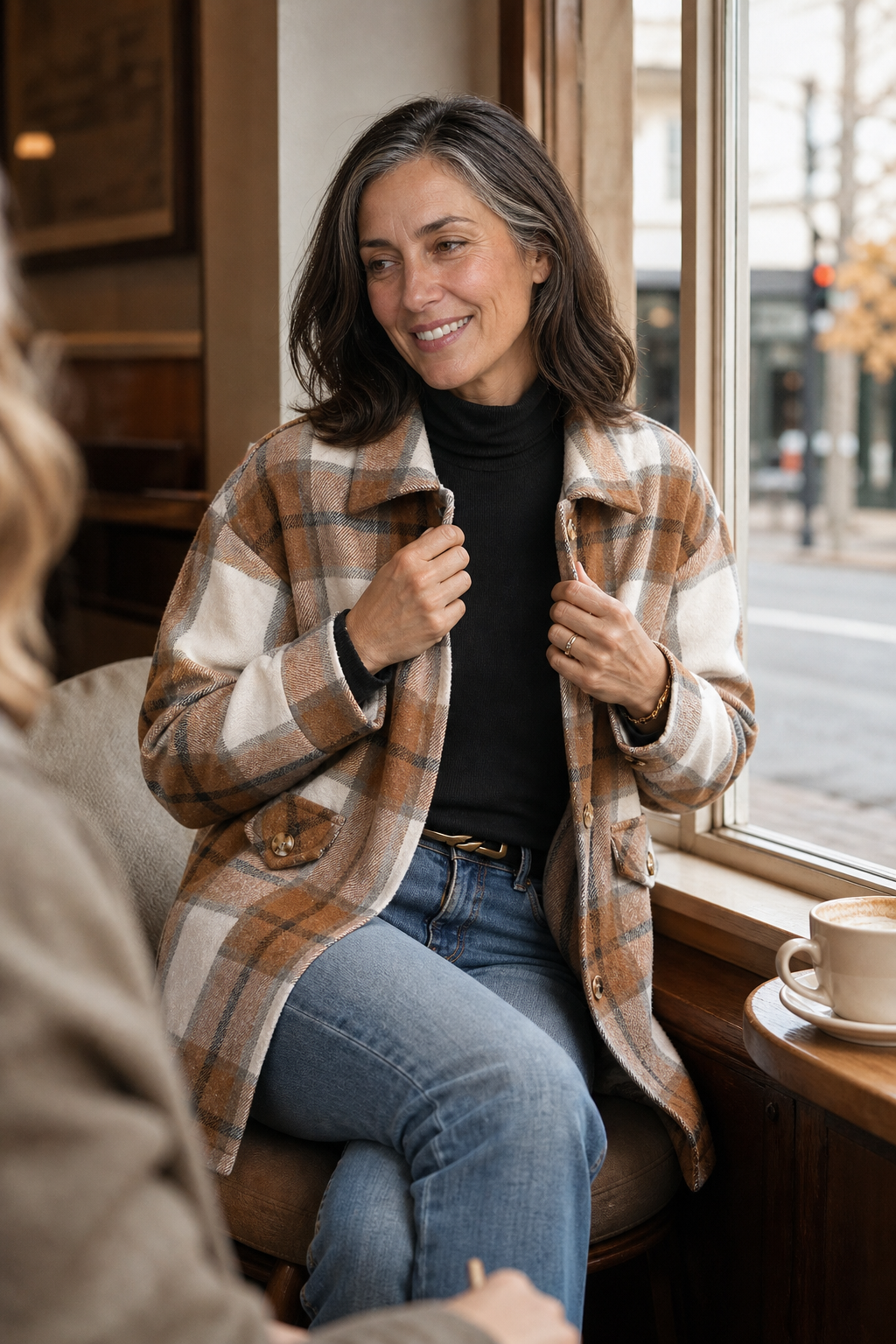 Plaid shirt jacket with button front, collar, chest pockets, long sleeves.