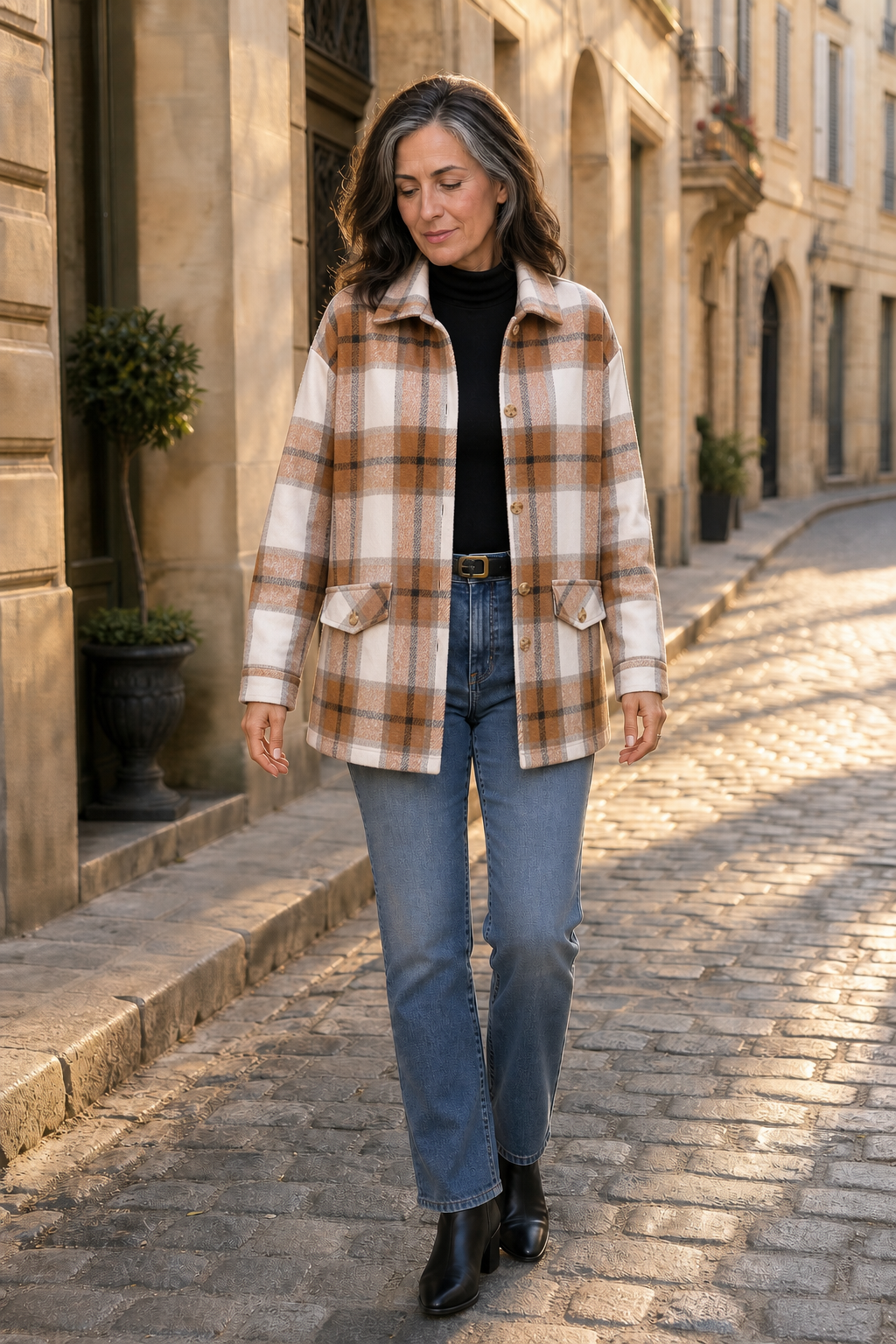 Brown plaid shirt jacket with button front, two chest pockets, long sleeves.