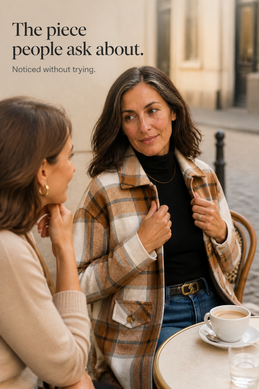 Plaid shirt jacket on model with button front, collar, and chest pockets.
