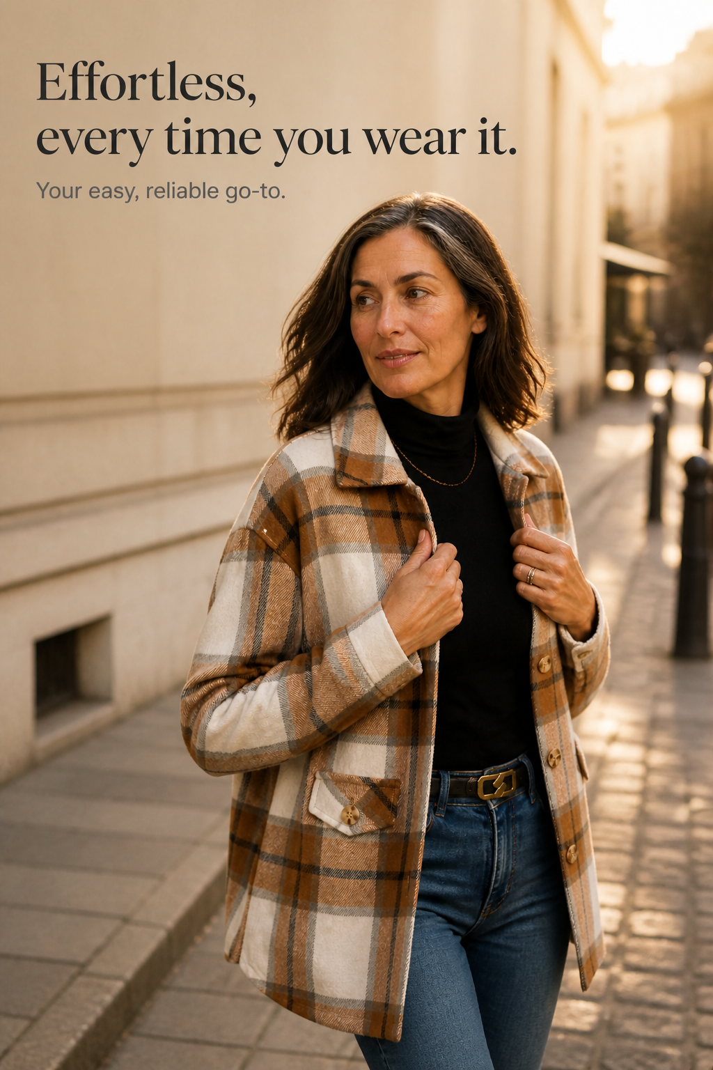 Plaid shirt jacket with button front and collar, chest pockets, long sleeves.