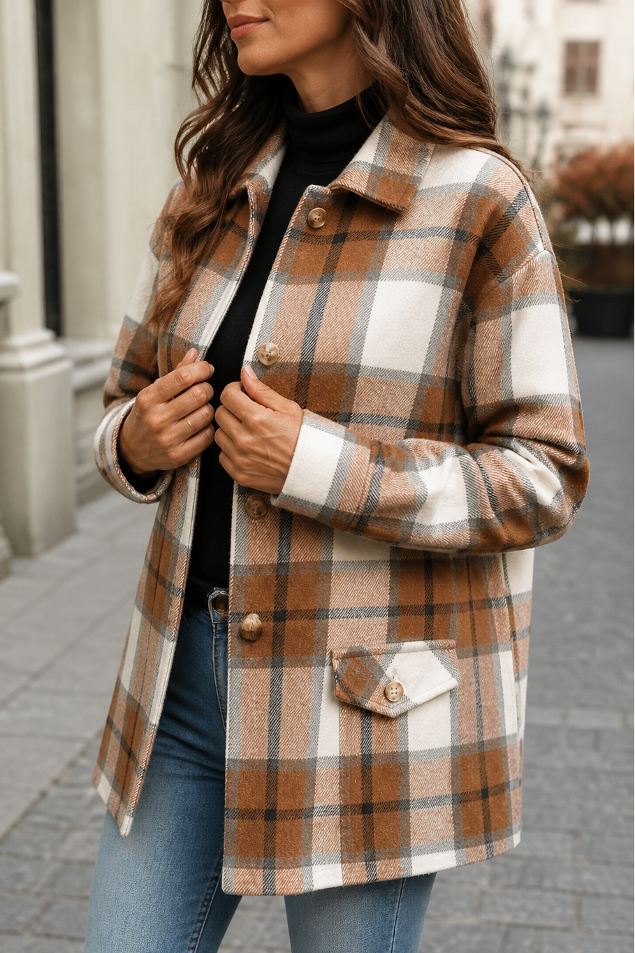 Plaid shirt jacket with button front, collar, chest pockets and long sleeves.