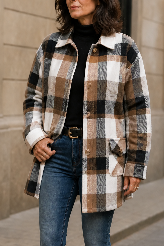 Plaid shirt jacket with notch collar, white, black, and tan blocks, button front