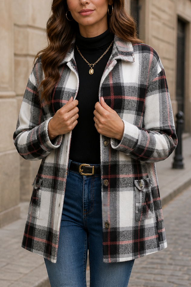 Plaid relaxed-fit shirt jacket in black, white, and gray with button front