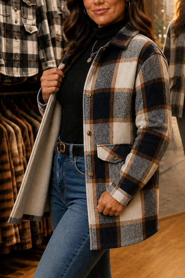 Plaid shirt jacket with stand collar, beige and navy-brown check, button front