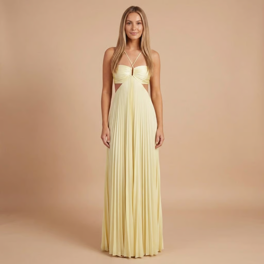 Light canary pleated halter maxi dress with waist cutouts and back tie detail