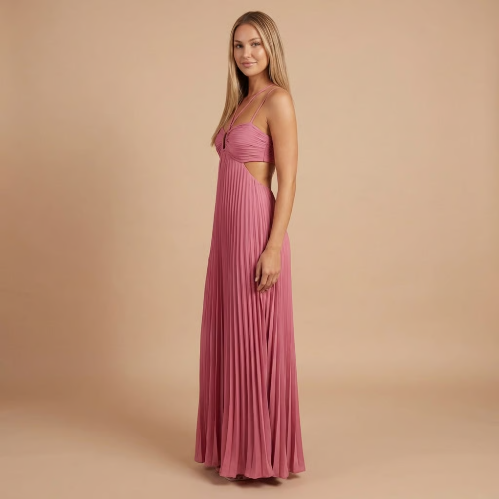 Rose pink pleated halter maxi dress with waist cutouts and mid-length pleated skirt