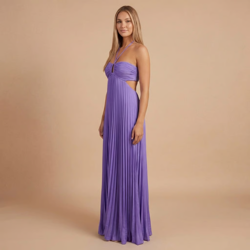 Purple pleated halter maxi dress with bust ring detail and waist cutouts