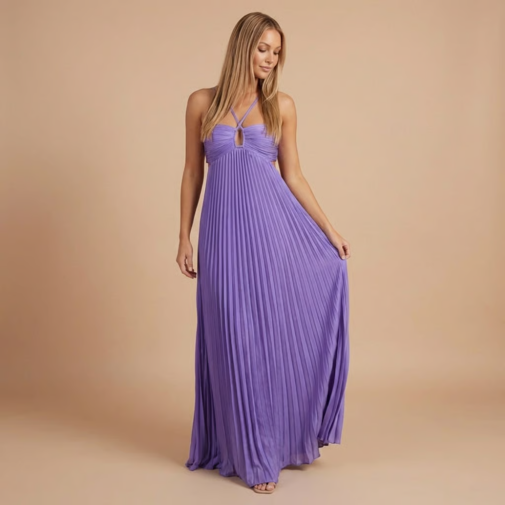 Lavender-purple pleated halter maxi dress with ringed bust and waist cutouts
