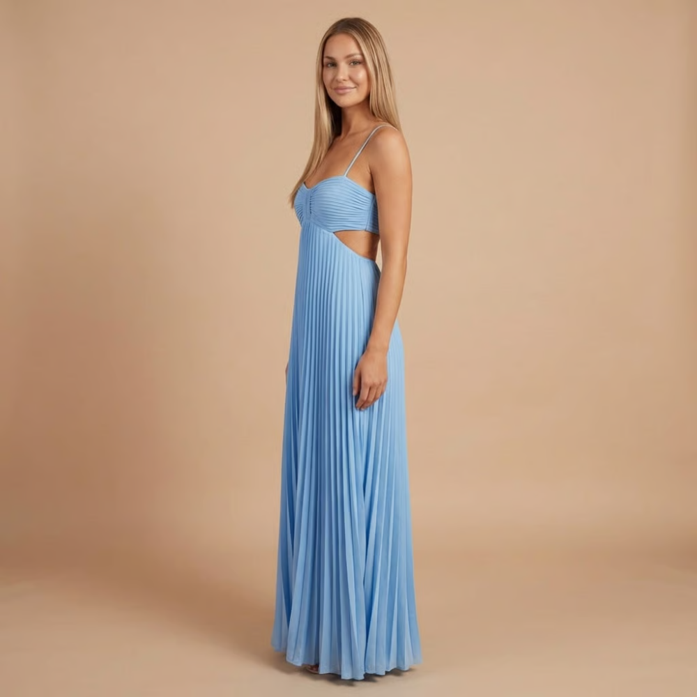Blue pleated halter maxi dress with side waist cutouts and thin straps
