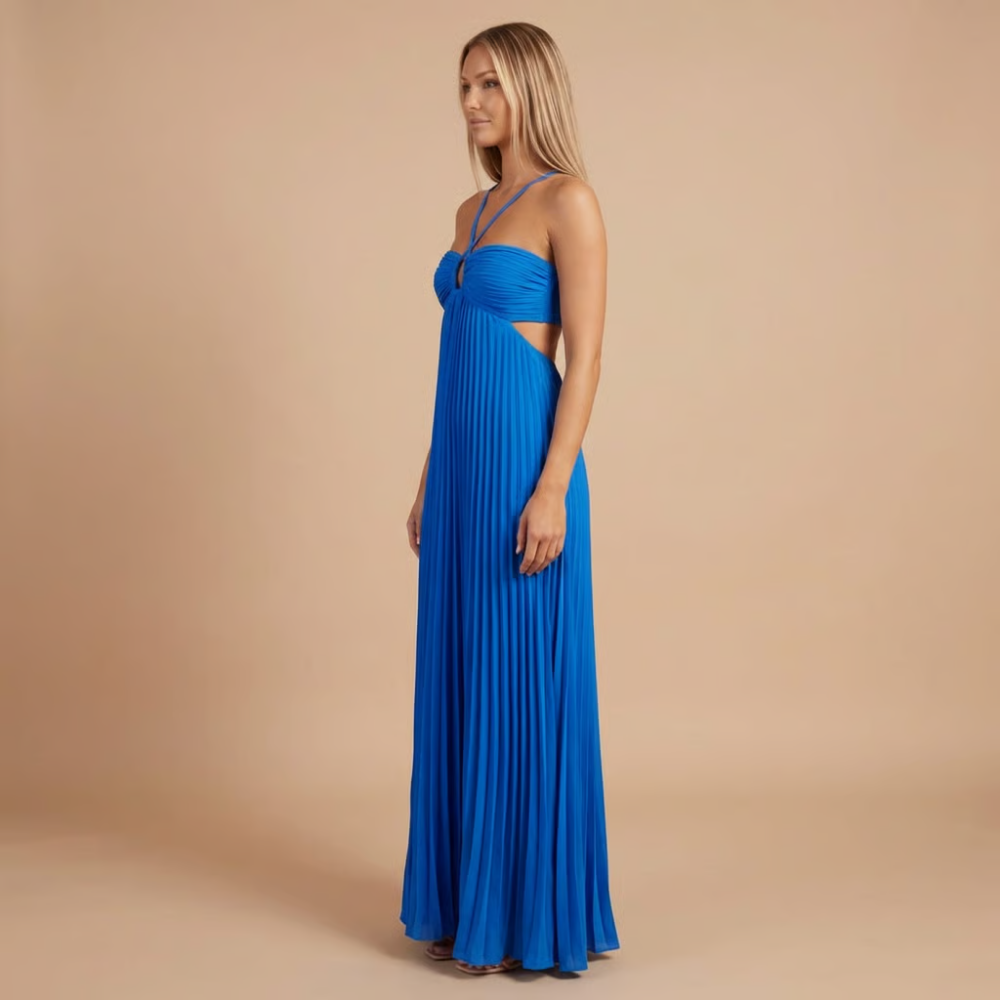 Blue pleated halter maxi dress with front waist cutout and sleeveless halter straps