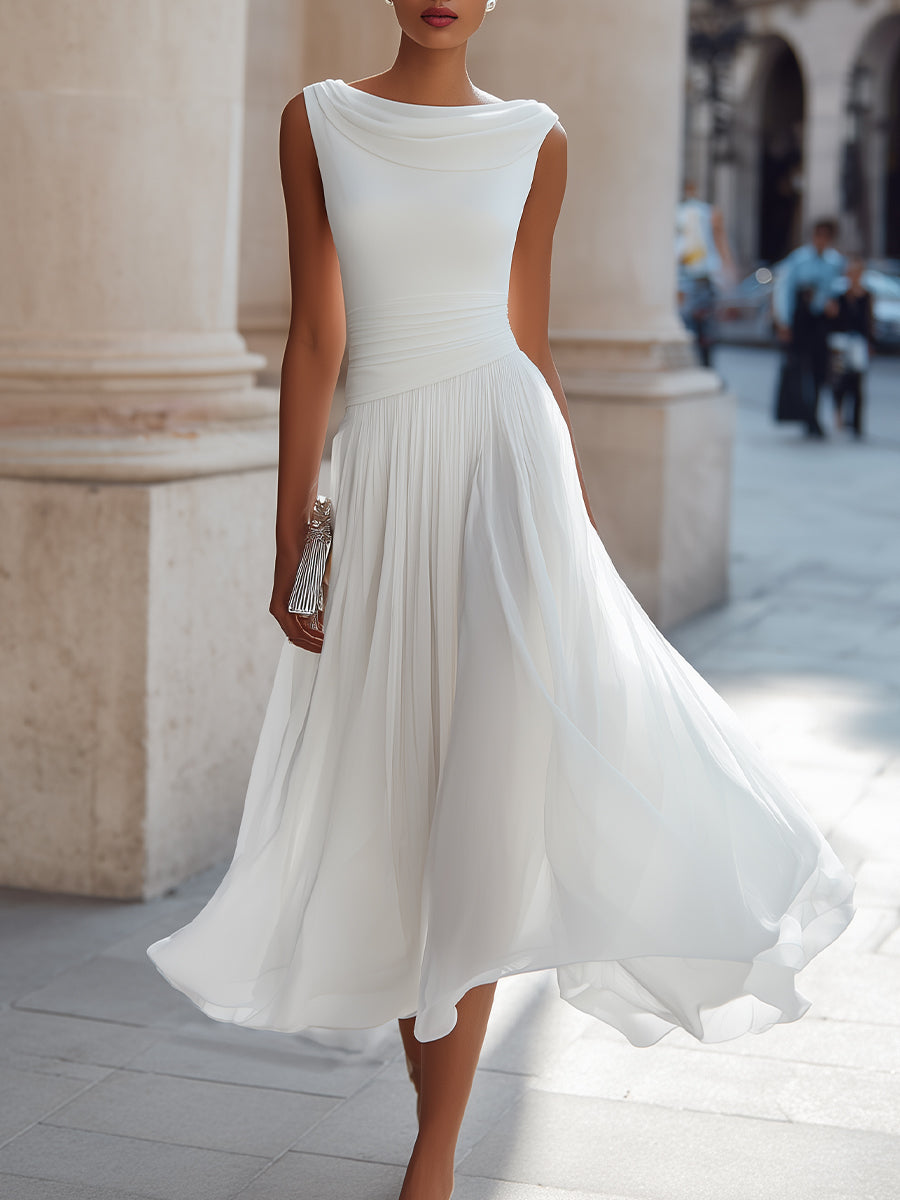White pleated midi dress with draped neckline, sleeveless fitted bodice