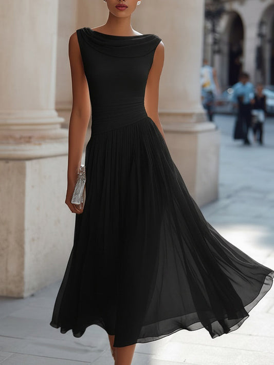 Black pleated midi dress with draped neckline, sleeveless and full gathered skirt