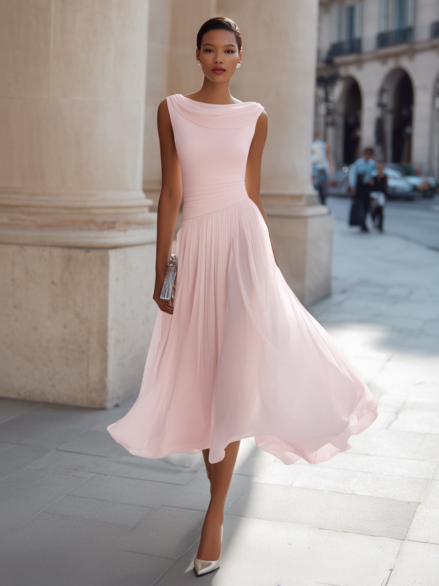Pink pleated midi dress with draped neckline, sleeveless bodice and chiffon skirt