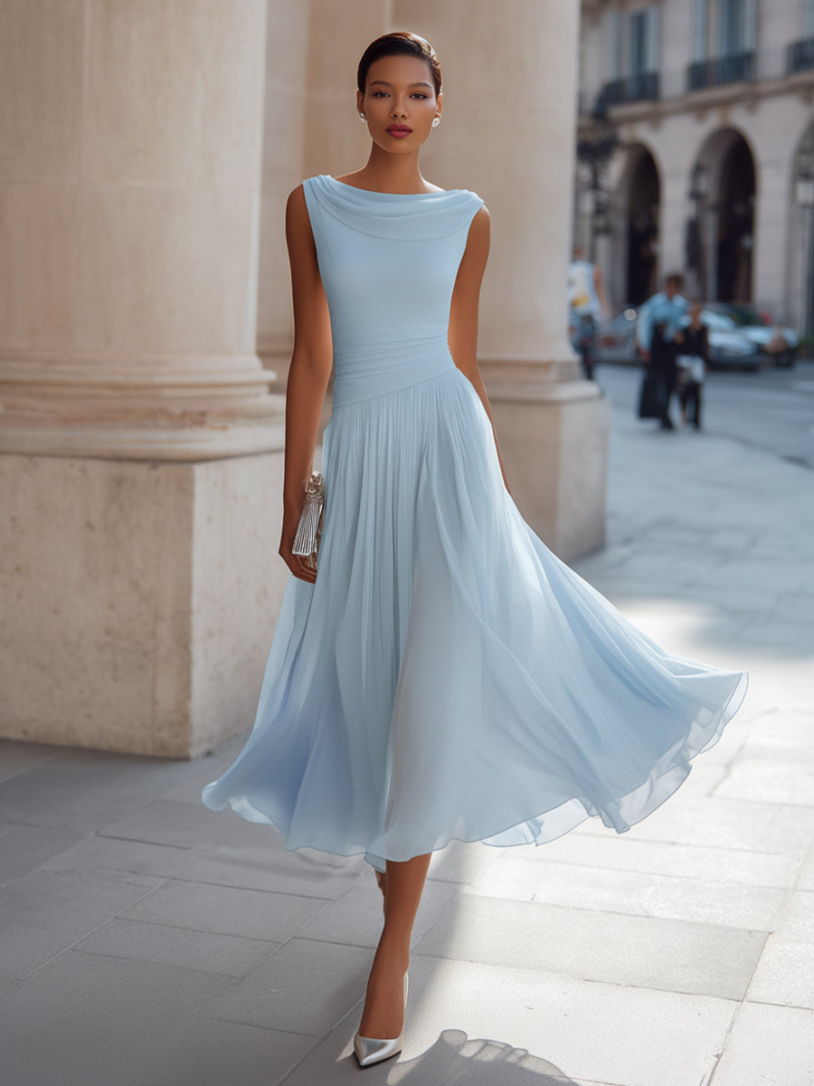 Sky blue pleated midi dress with draped neckline, sleeveless and airy pleated skirt