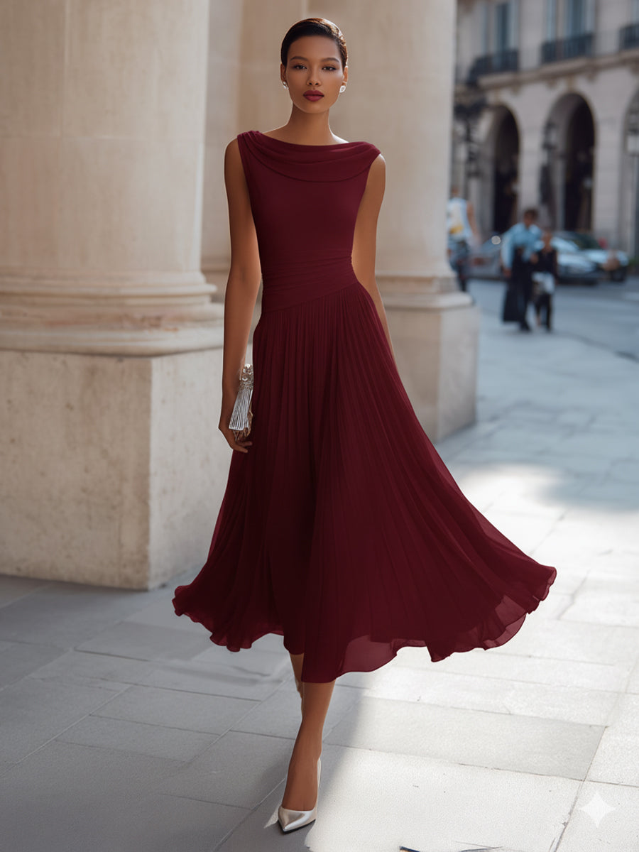 Burgundy pleated midi dress with draped neckline, sleeveless fitted bodice and skirt
