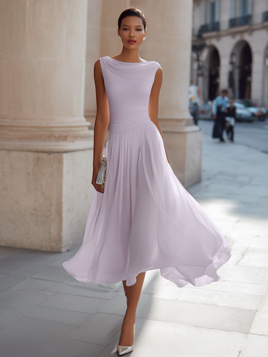 Lavender pleated midi dress with draped neckline, sleeveless bodice and gathered hem