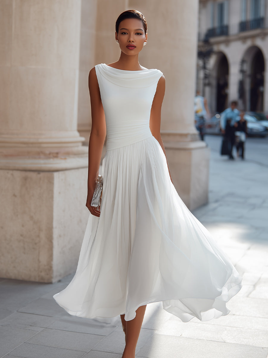 White pleated midi dress with draped neckline, sleeveless fitted waist and pleated skirt