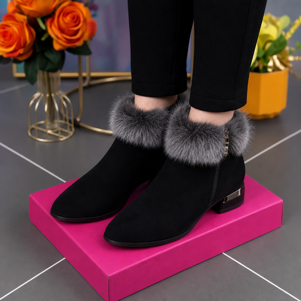 Black plush-cuff ankle boots with faux-fur trim and low block heel