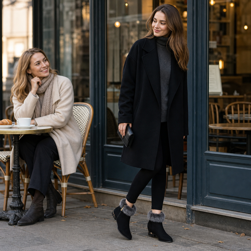 Black faux-fur cuff ankle boots with low heel