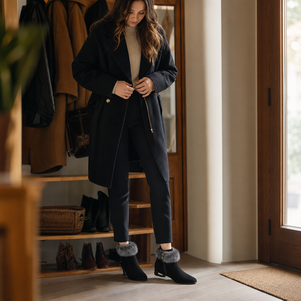 Black ankle boots with plush cuff trim and side zipper