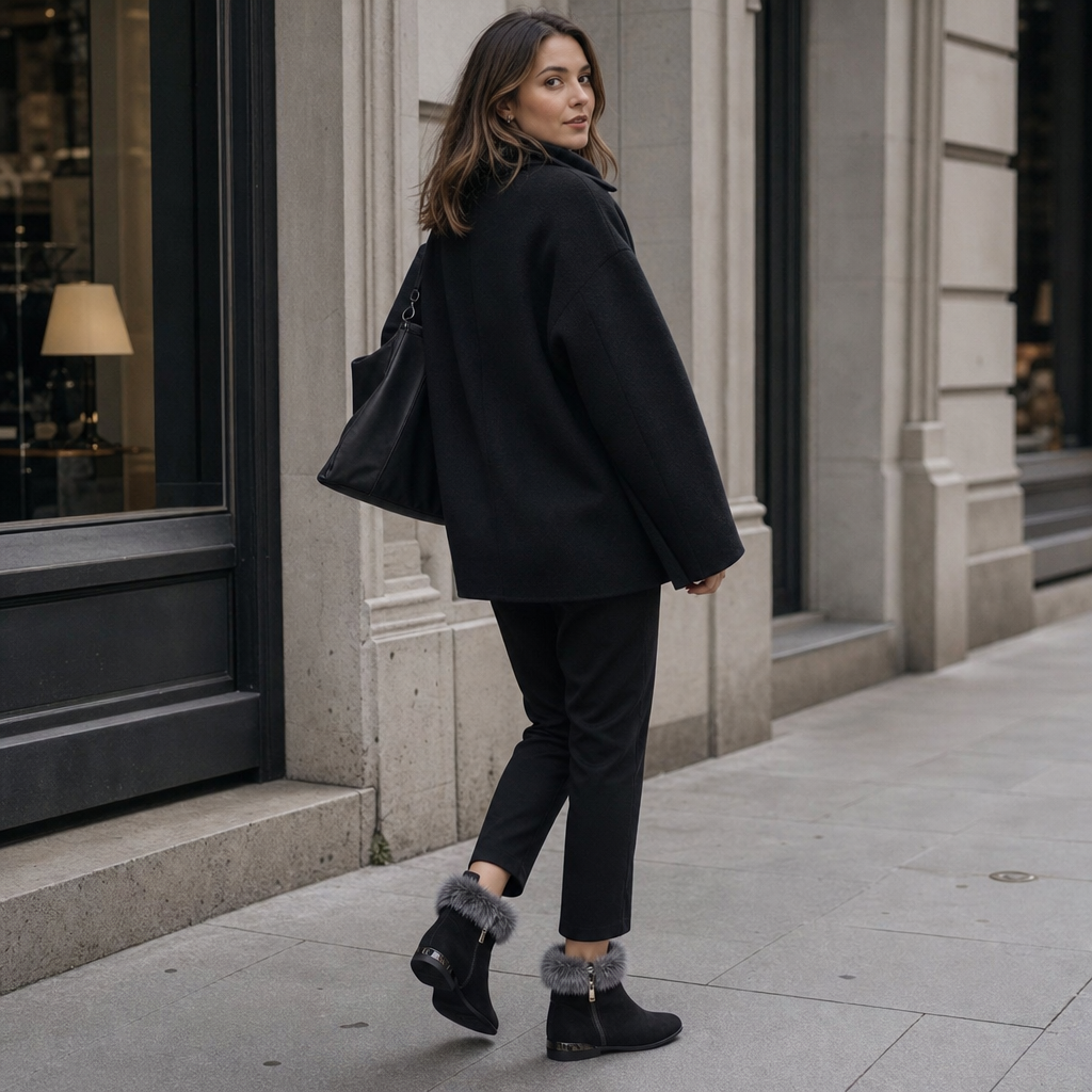 Black ankle boots with plush fur cuffs and glossy low heel