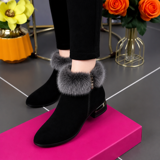 Black ankle boots with plush cuff, low block heel