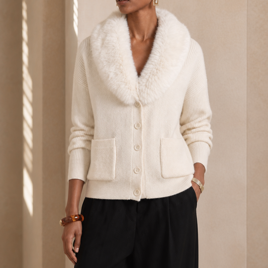 Ivory chunky knit cardigan with faux-fur shawl lapel, button front, and patch pockets