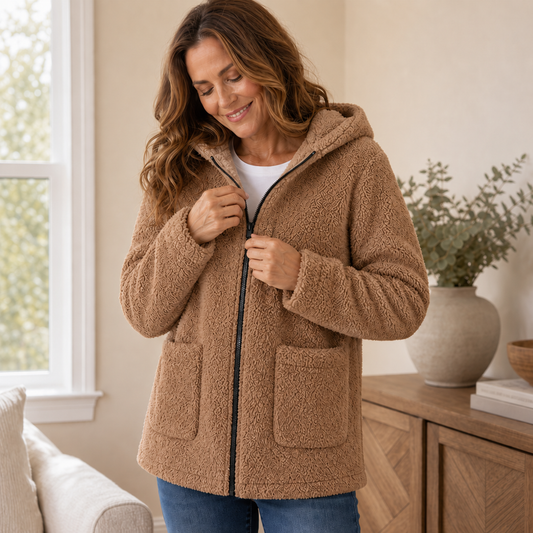 Brown plush fleece-look hooded jacket, full zipper, front pockets, long sleeves