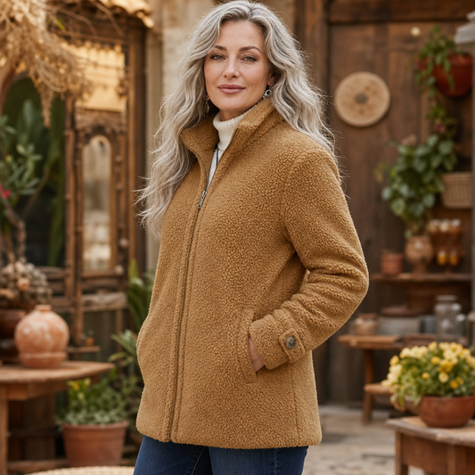 Tan-brown fleece-look zip-up jacket on model, side view