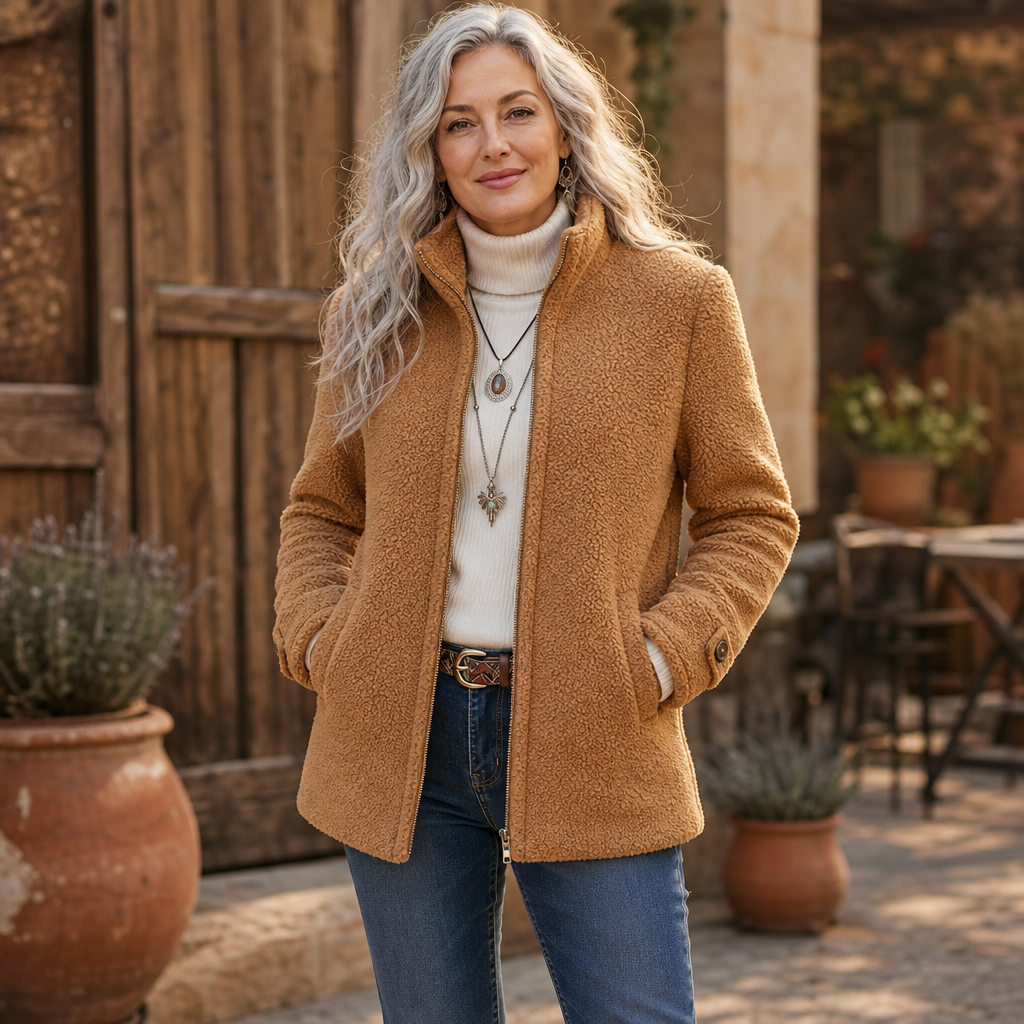 Plush Fleece-Look Zip-Up Jacket With Stand Collar