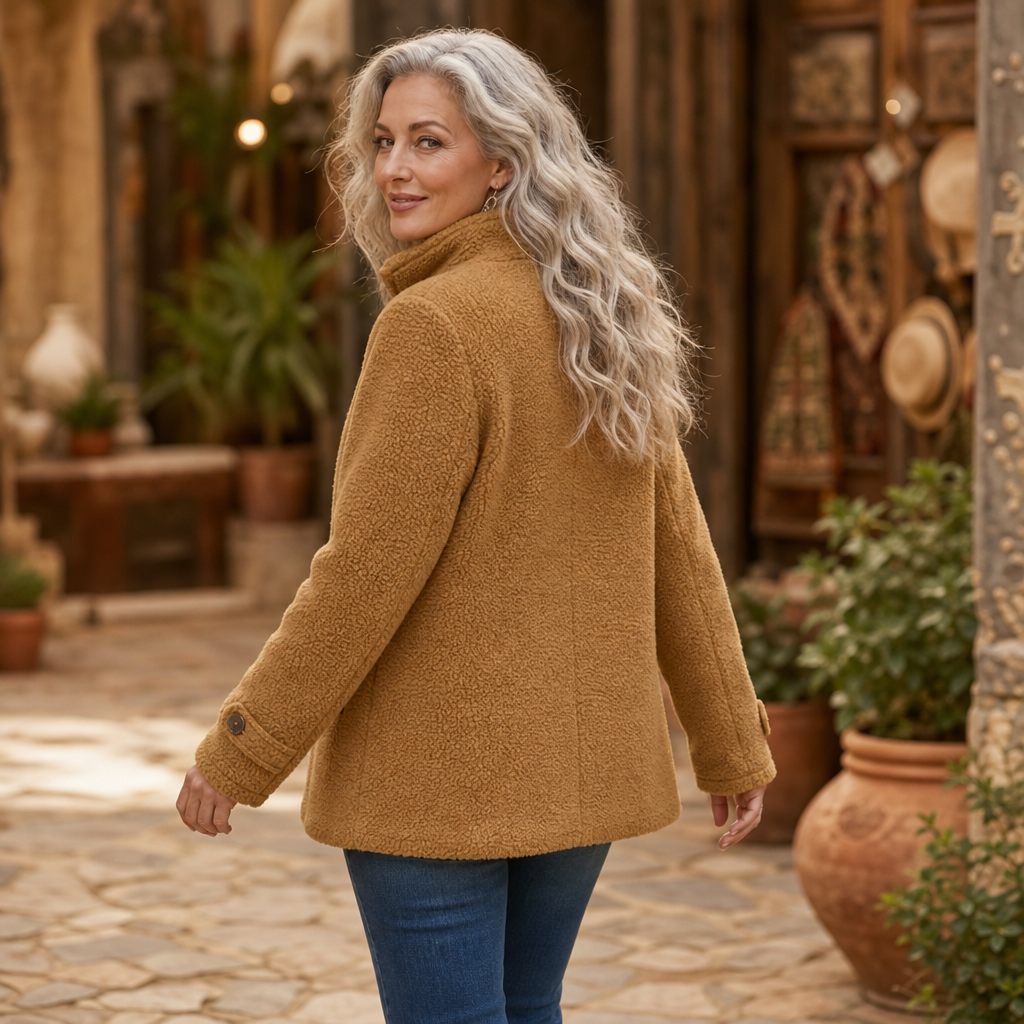 Plush Fleece-Look Zip-Up Jacket With Stand Collar