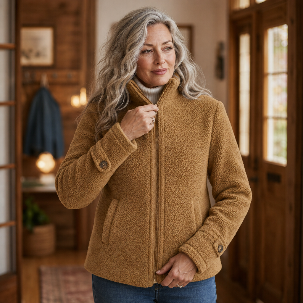 Plush Fleece-Look Zip-Up Jacket With Stand Collar