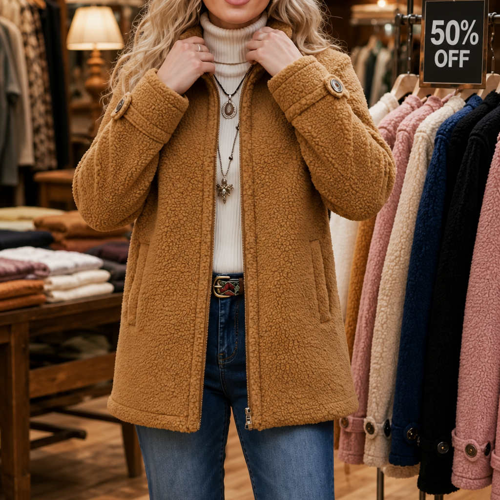 Plush Fleece-Look Zip-Up Jacket With Stand Collar