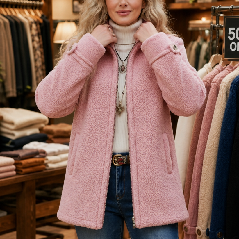 Plush Fleece-Look Zip-Up Jacket With Stand Collar