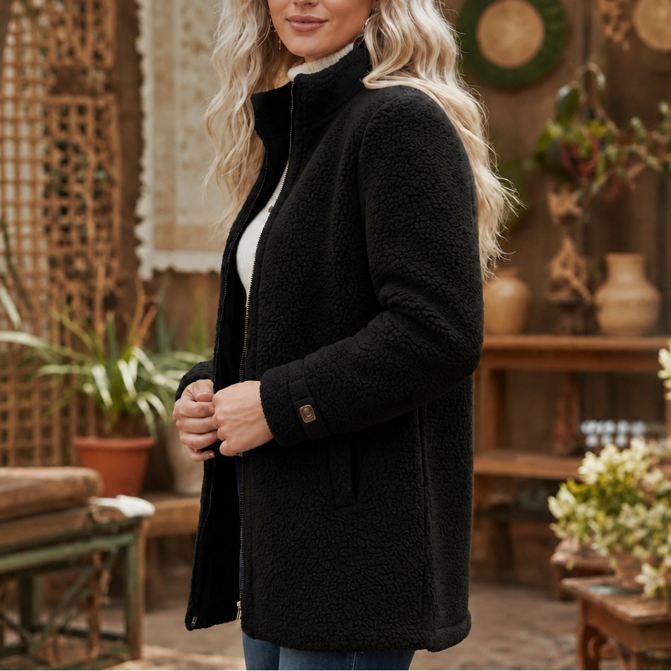 Plush Fleece-Look Zip-Up Jacket With Stand Collar
