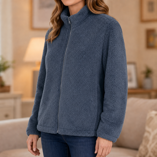 Navy plush fleece stand-collar zip jacket, full front view