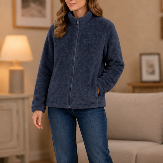 Navy plush fleece stand-collar jacket with full-length zipper