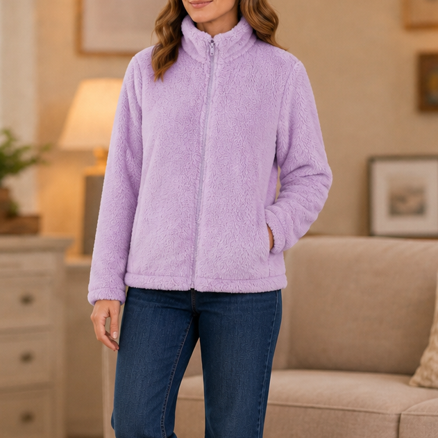 Lilac plush fleece stand-collar jacket with full-length zipper