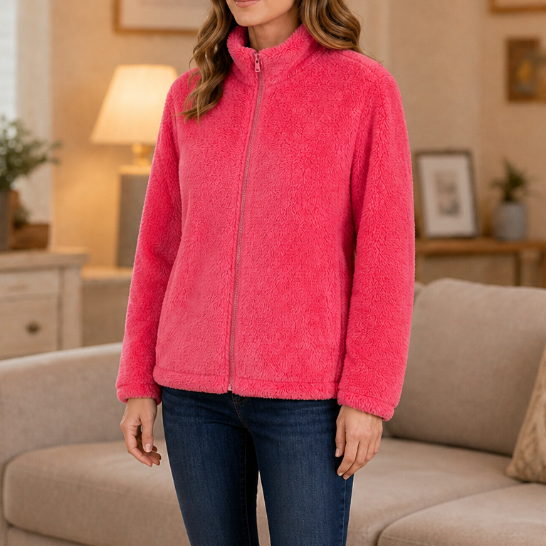 Pink plush fleece stand-collar jacket with full-length zipper
