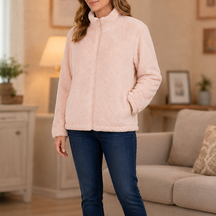 Light pink plush fleece stand-collar full-zip jacket with long sleeves