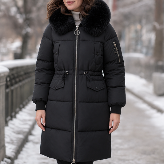 Black mid-long padded winter coat with faux-fur hood trim, front zipper, side pockets.