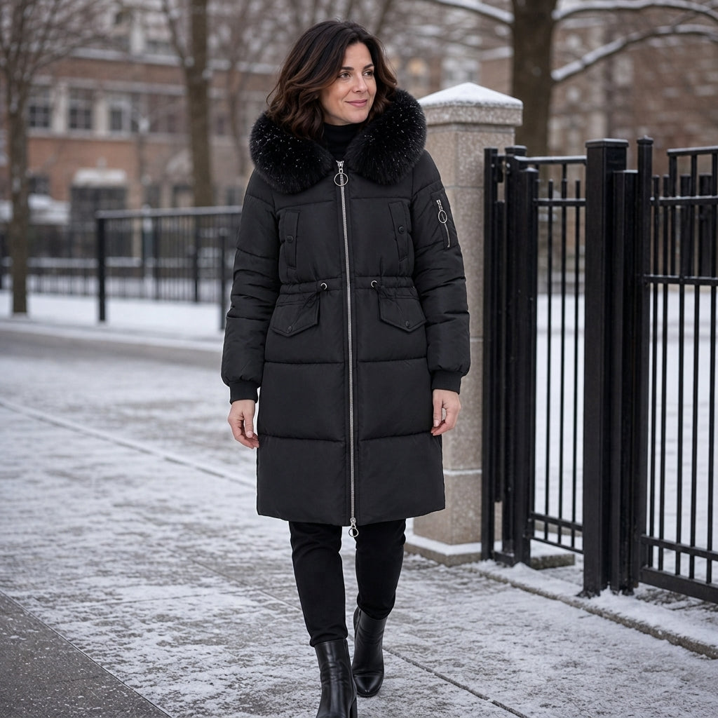 Black mid-long padded coat with faux-fur hood trim, front zipper, flap pockets.