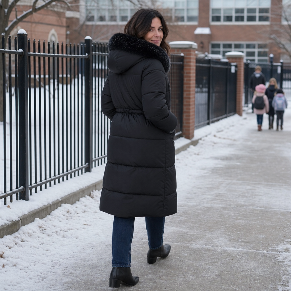 Black padded mid-long coat with faux-fur hood trim, zip-front, front flap pockets.