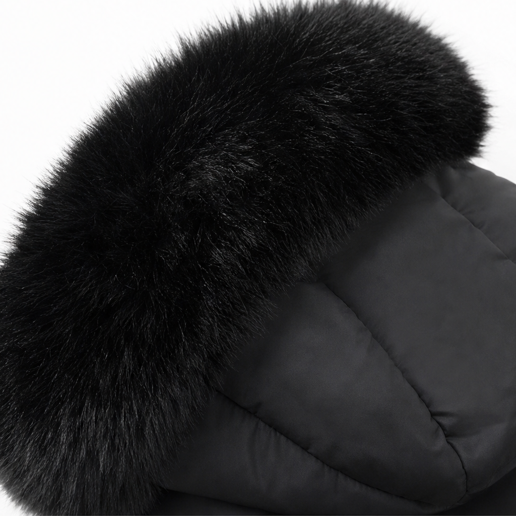 Black faux-fur hood trim on a padded winter coat.