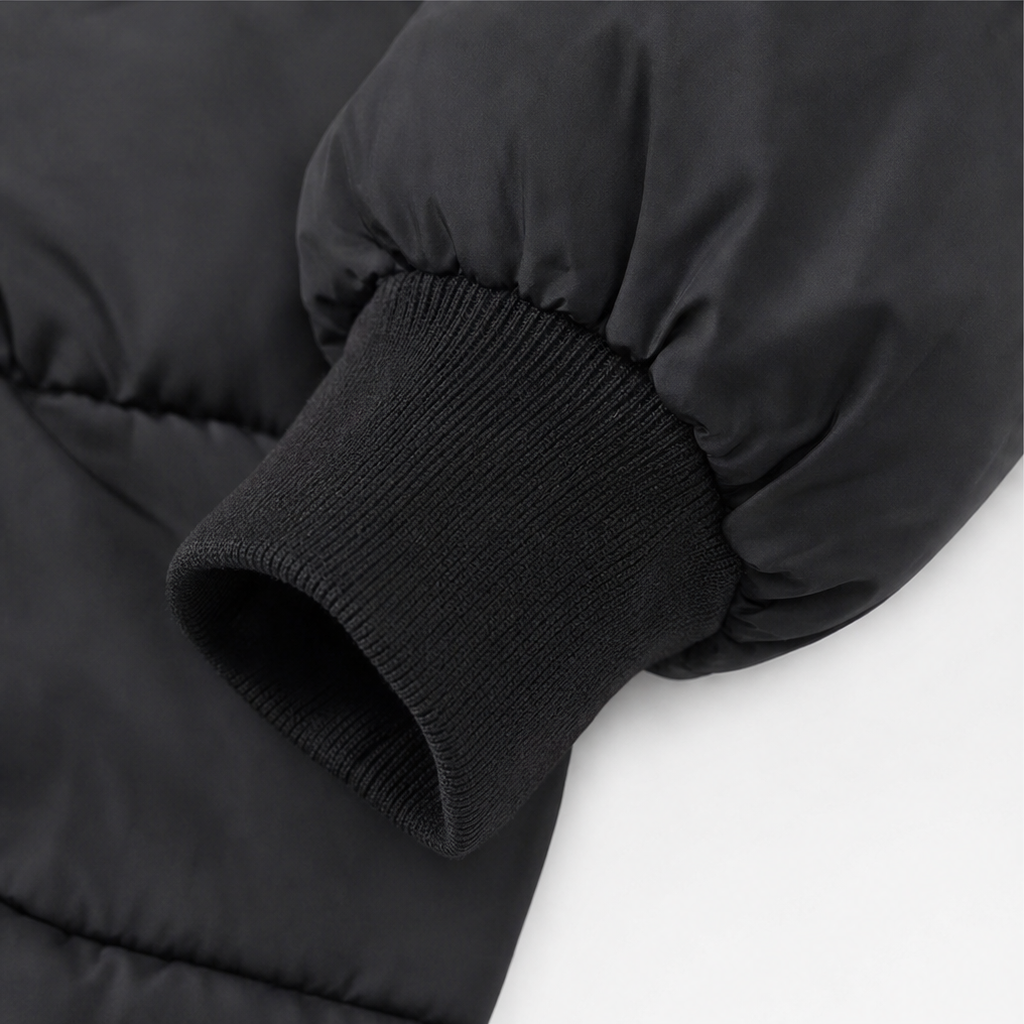 Black coat sleeve cuff with ribbed knit hem on a padded winter jacket.