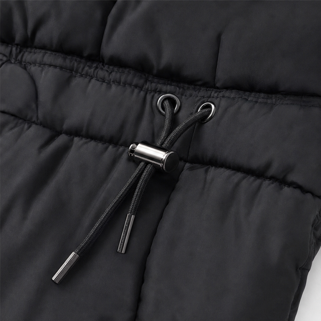 Black flap pocket with drawstring and metal aglets on a padded winter coat.