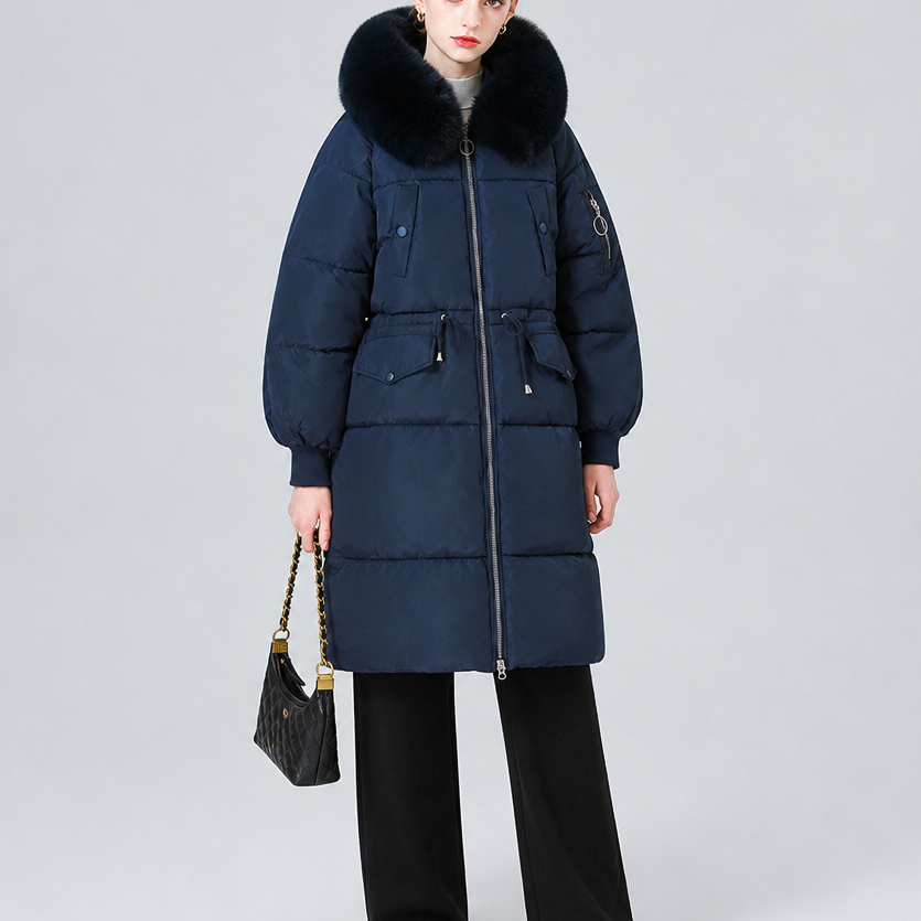Navy mid-long padded winter coat with faux-fur hood trim and zip-front.