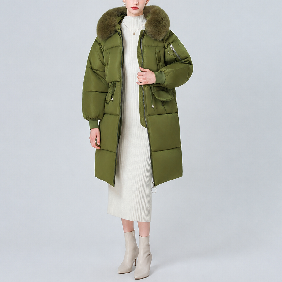 Army green mid-long padded winter coat with faux-fur hood trim and zip-front pockets.