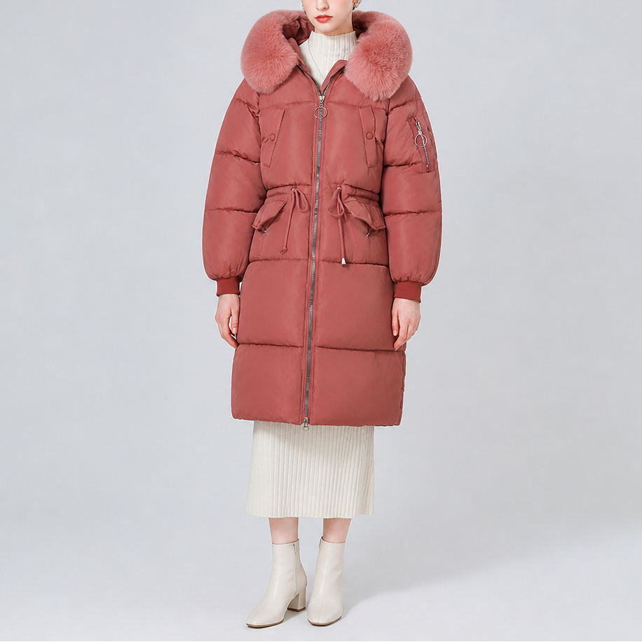 Pink mid-long padded winter coat with plush fur-trimmed hood and drawstring waist