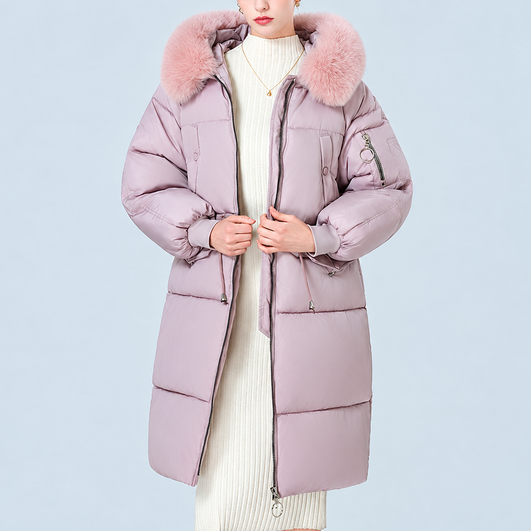 Lilac mid-long padded winter coat with plush fur-trimmed hood, front zipper